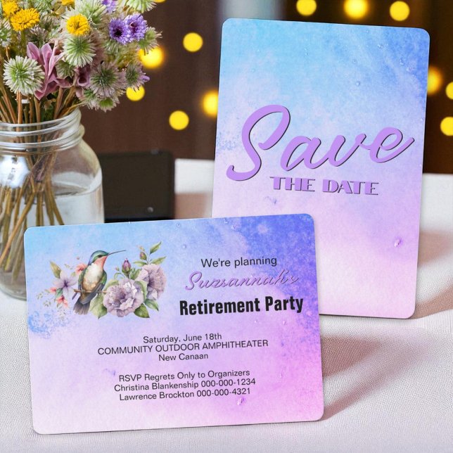 Save The Date Fête de Retraite Épargnez la Date Colibri (front and back template save the date invitation)