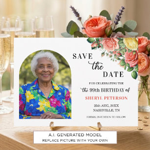 Save The Date Fête élégante florale et photo pour le 99e anniver