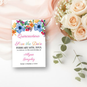 Save The Date Fête Fleurs Blanc et Floral Quinceanera