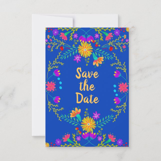 Save The Date Fête Florale Mexicaine & Papel Picado - Royal Blue (Devant)