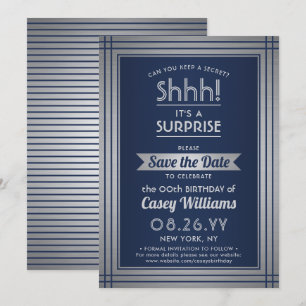 Save The Date Fête surprise d'anniversaire Chut ! Élégant bleu m