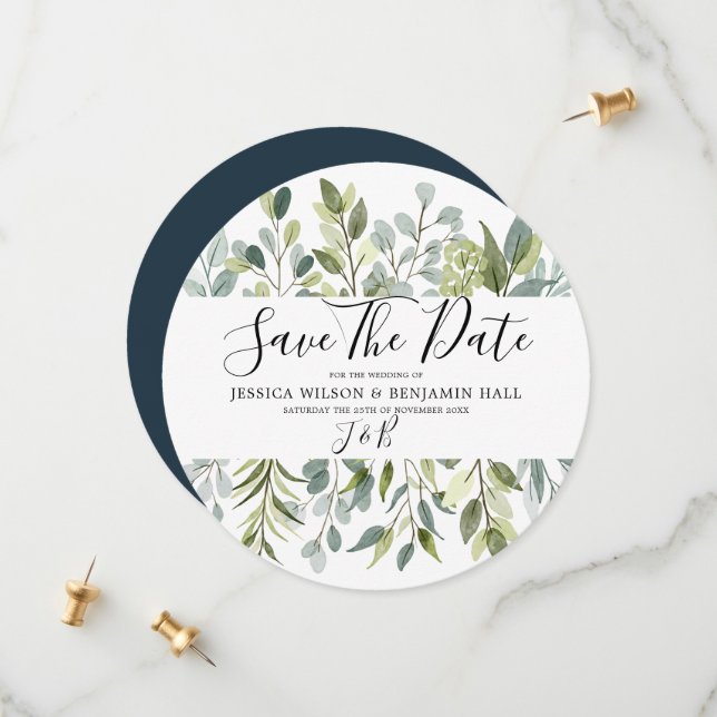 Save The Date Feuillage aquarelle de verdure élégante (Devant/Arrière en situation)