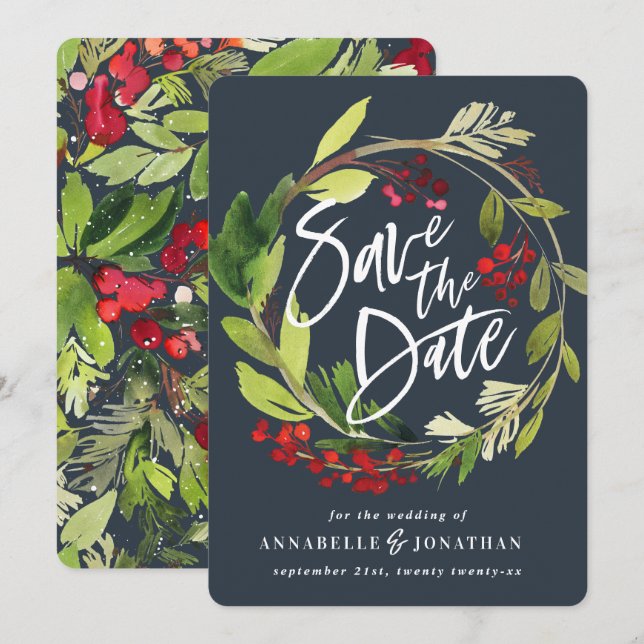 Save The Date feuillage botanique d'hiver vert rouge aquarelle s (Devant / Derrière)