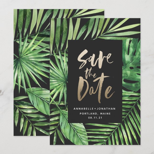 Save The Date Feuillage de feuille de palme tropicale et écritur (Devant / Derrière)