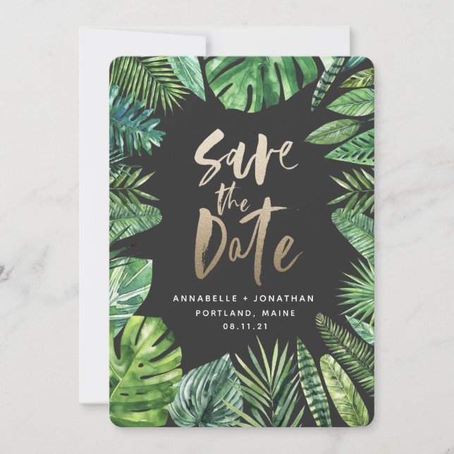 Save The Date Feuillage de feuille de palme tropicale et écritur (Devant)