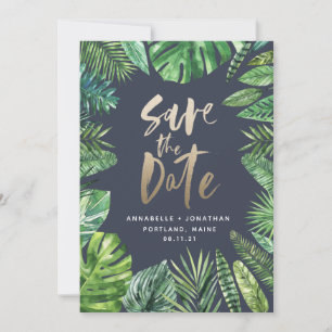 Save The Date Feuillage de feuille de palme tropicale et écritur