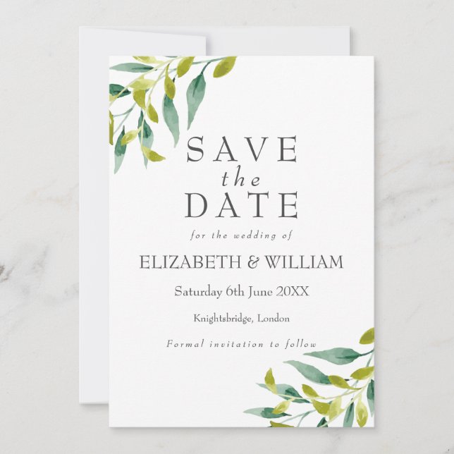 Save The Date Feuillage de verdure botanique Mariage Économisez  (Devant)