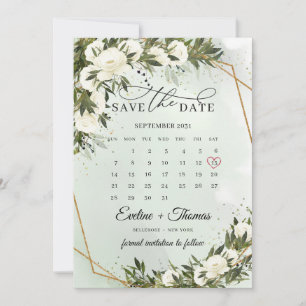 Save The Date Feuillage d'olivier vert roses blanches calendrier