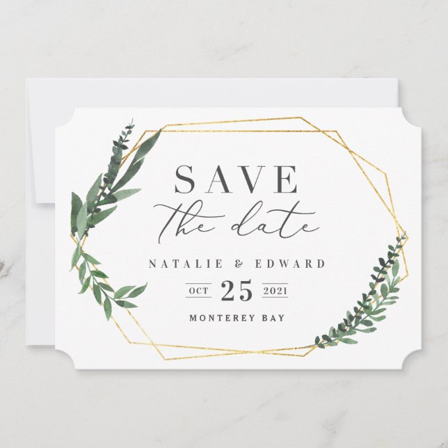 Save The Date feuillage géométrique aquarelle or (Devant)