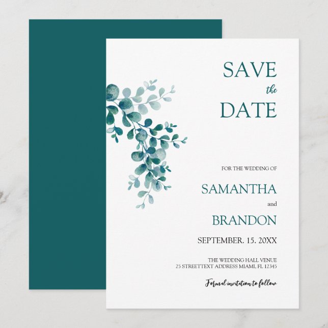 Save The Date Feuillage minimaliste d'eucalyptus (Devant / Derrière)