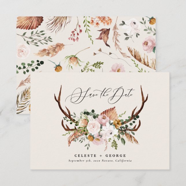 Save The Date Feuillage rustique, floral et mariage de cerf (Devant / Derrière)