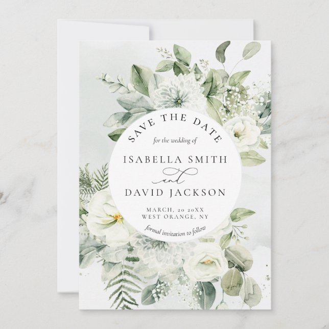 Save The Date Feuillage vert d'eucalyptus Vert sauge Floral blan (Devant)