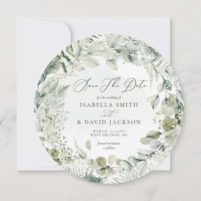 Save The Date Feuillage vert sauge aquarelle cercle d'eucalyptus (Devant)