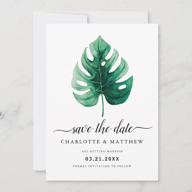 Save The Date Feuille de Monstera verte aquarelle tropicale mode (Devant)