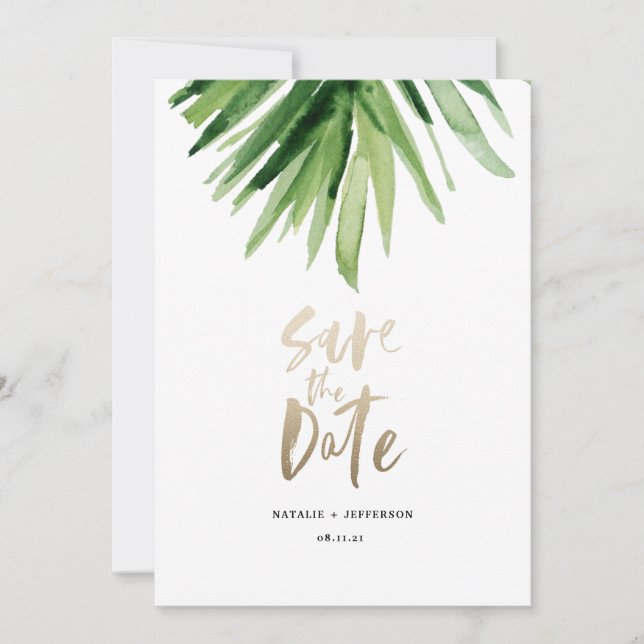 Save The Date Feuille de palme tropicale et écriture d'or (Devant)