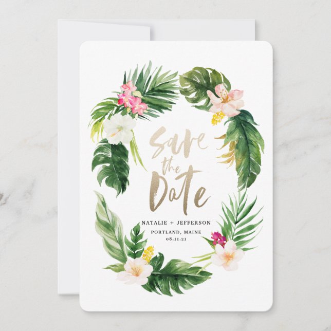 Save The Date Feuille de palme tropicale et script d'or floral (Devant)