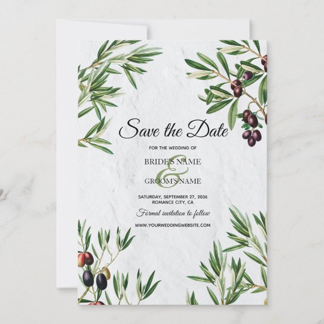 Save The Date Feuille d'olive méditerranéen grec Mariage de l'îl (Devant)
