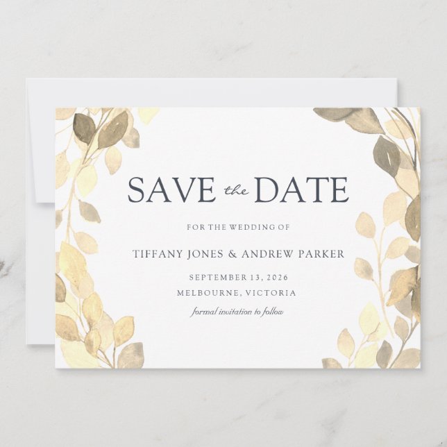 Save The Date Feuille d'or Élégant Mariage automne automne (Devant)