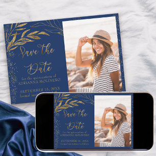 Save The Date Feuille d'or et calligraphie Royal Blue Photo