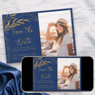 Save The Date Feuille d'Or et Photographie Royale Bleue Calligra