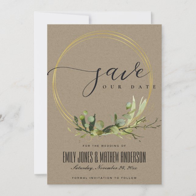 SAVE THE DATE FEUILLE D'OR VERT FONCÉ AUBIERE KRAFT RUSTIQUE (Devant)