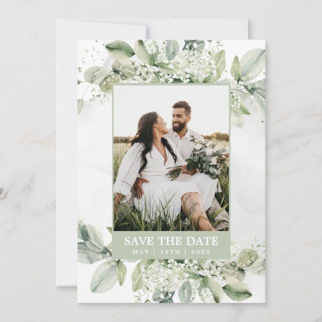 Save The Date Feuille verte de sauge d'eucalyptus rustique photo (Devant)