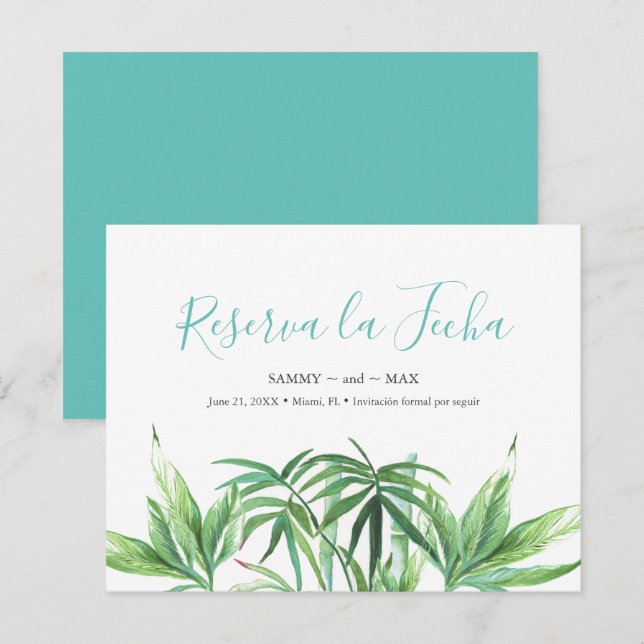 Save The Date Feuilles Aquarelle Tropicale Faire Part de Date de (Devant / Derrière)