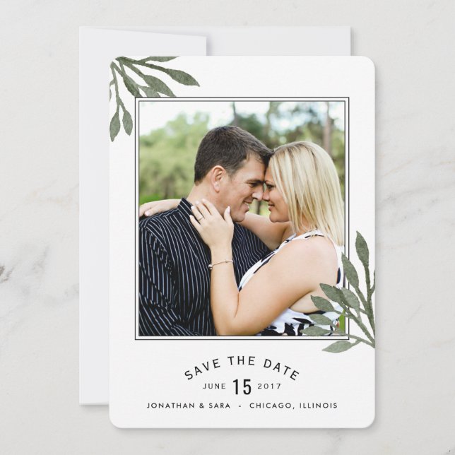 Save The Date Feuilles D'Aquarelle Enregistrer La Date 2 Photos (Devant)