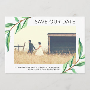 Save The Date Feuilles d'aquarelle verte et photo   Enregistrer
