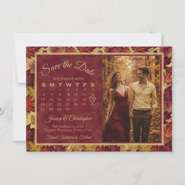 Save The Date Feuilles d'automne Calendrier et photo de mariage  (Devant)
