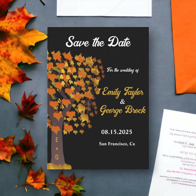 Save The Date Feuilles d'automne élégantes Arbre sculpté Chic Ma (Créateur téléchargé)