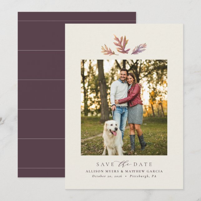 Save The Date Feuilles d'automne simple une photo élégante prune (Devant / Derrière)
