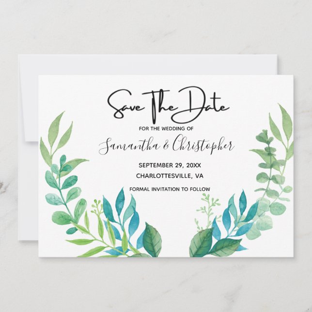 Save The Date Feuilles de eucalyptus vertes bleues botaniques (Devant)