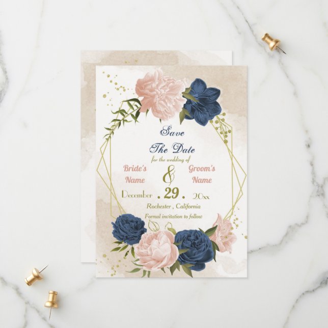 Save The Date feuilles de la marine des fleurs rousses vert (Devant/Arrière en situation)