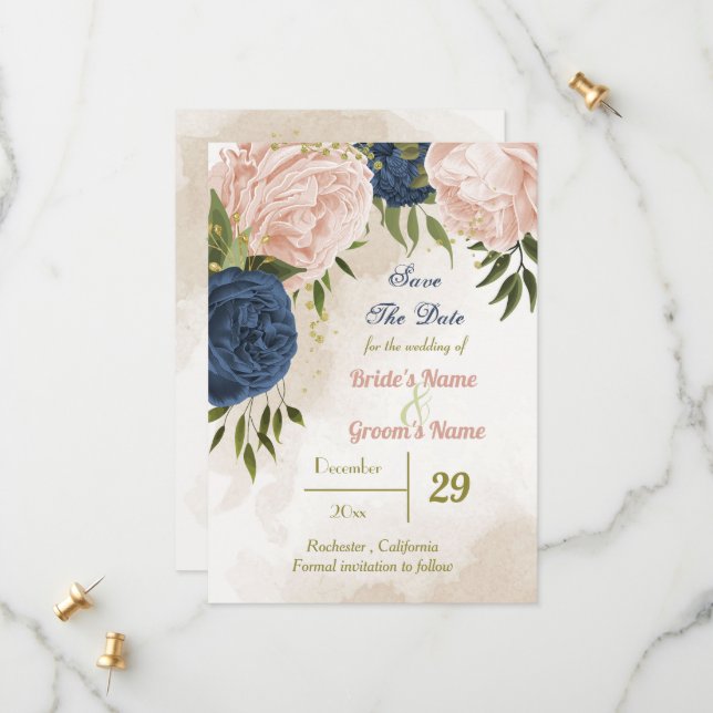Save The Date feuilles de la marine des fleurs rousses vert (Devant/Arrière en situation)