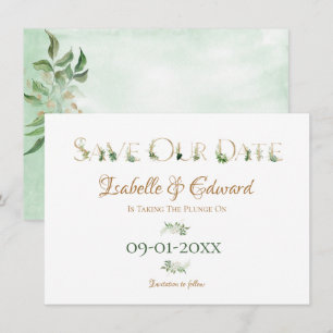 Save The Date Feuilles de Monstera vertes et dorées à l'aquarell