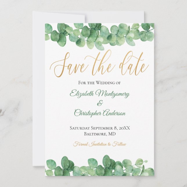 Save The Date Feuilles d'eucalyptus Or Vert Tendance Élégant  (Devant)