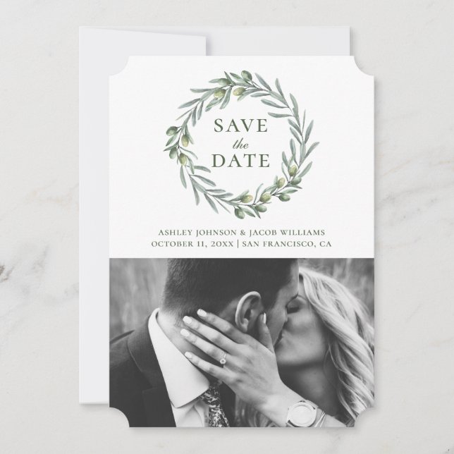 Save The Date Feuilles d'olive à l'aquarelle. Couronne botanique (Devant)