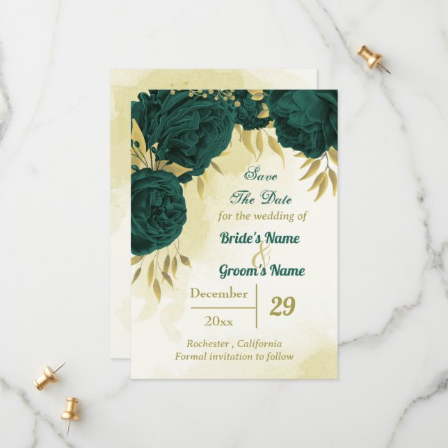 Save The Date Feuilles d'or aux fleurs vert émeraude (Devant/Arrière en situation)