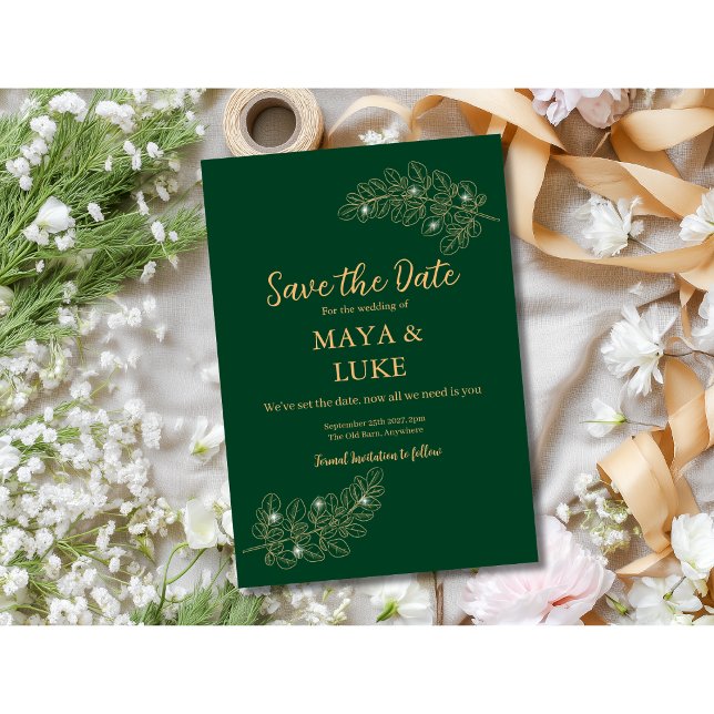 Save The Date Feuilles d'or modernes Émeraude (Créateur téléchargé)