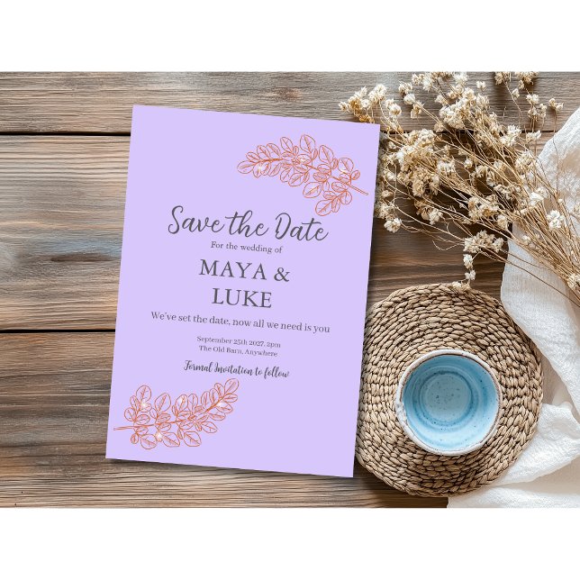 Save The Date Feuilles d'or modernes Violet (Créateur téléchargé)