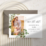 Save The Date Feuilles & Eucalyptus Gold V Photo Enregistrer la<br><div class="desc">Get your guests excited and ready to celebrate your wedding or party with your Leaves & Eucalyptus Gold V Photo Save the date Card. Your Photo, wrapped with Eucalyptus, Greenery, and Gold is the feature of this Modern & Chic Photo Save the Date. This save the date is luxe, made...</div>