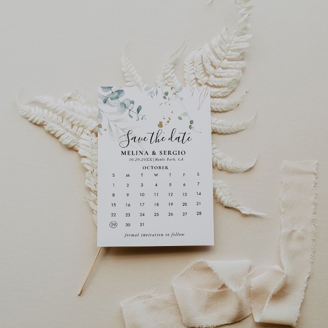 Save The Date Feuilles Gold Green Enregistrer le calendrier des  (Créateur téléchargé)