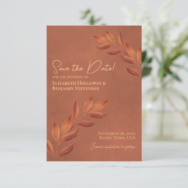 Save The Date Feuilles Nostalgiques Mariage Terracotta Rustique (Debout devant)