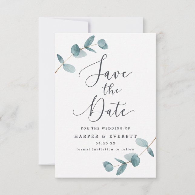 Save The Date Feuilles simples d'Eucalyptus et Mariage de callig (Devant)