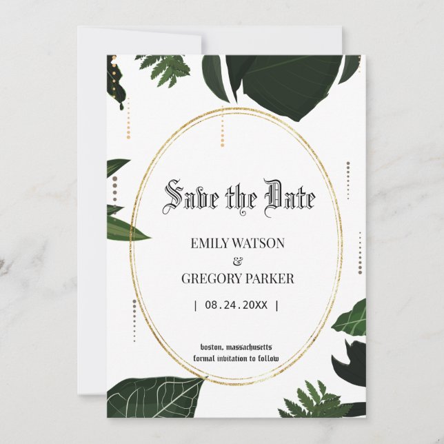 Save The Date Feuilles tropicaux, or enregistrer la date (Devant)