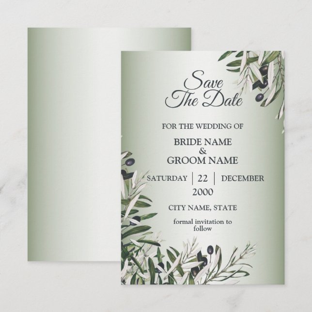 Save The Date Feuilles Vertes Élégant Mariage Olive Noire (Devant / Derrière)