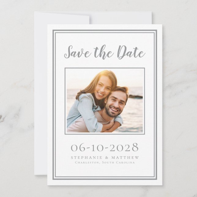 Save The Date Fiançailles photo Mariage simple gris blanc (Devant)