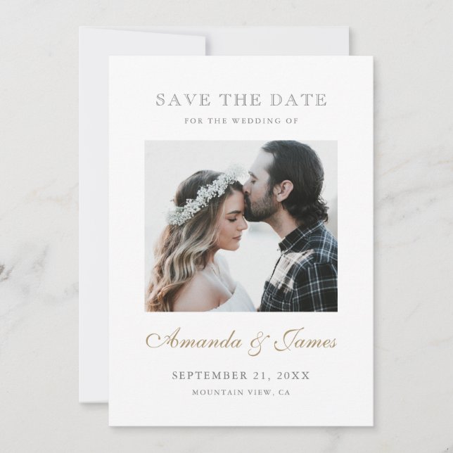 Save The Date Fiançailles photo simple Elegant Gold Script (Devant)