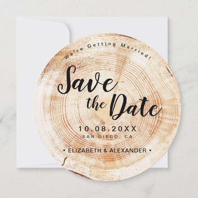 Save The Date Fiançailles rustique  Mariage coupe bois unique (Devant)